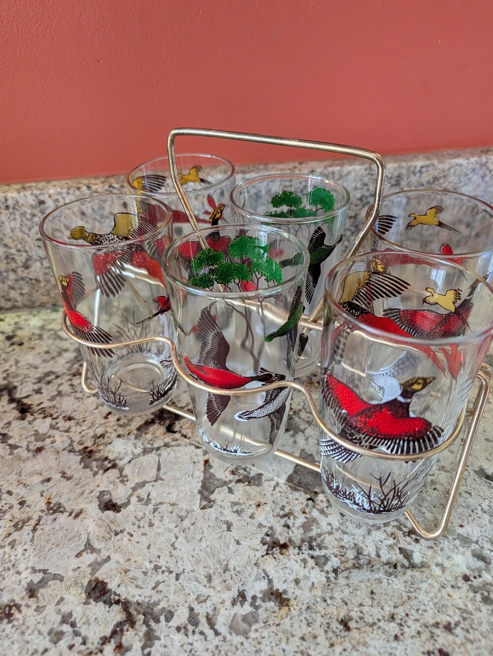 Vintage Hazel Atlas Pheasant /Setter Glass Barware Set  6 Tumblers With Holder
